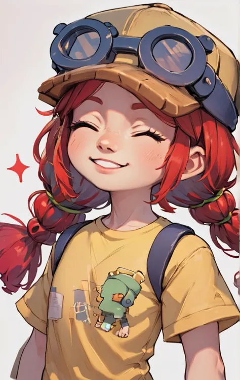 ,score_9, score_8_up, score_7_up, source_anime , 1 girl ,bsjessie , red hair  ,pigtails ,yellow baseball cap , goggles , yellow shirt  , simple background , Short sleeves,  upper body ,Cute , chibi <lora:bsjessiexl:1> , smile  , closed eyes