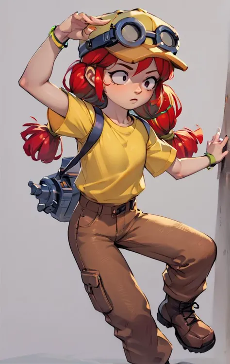 fullbody, stand up , ,score_9, score_8_up, score_7_up, source_anime , <lora:xljessie:1> 1 girl ,bsjessie , red hair ,pigtails ,yellow baseball cap , goggles , yellow shirt , brown pants , boots , simple background , Short sleeves