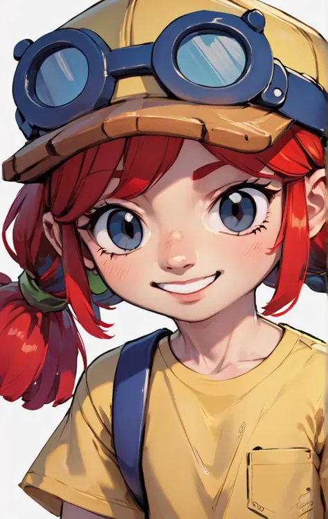 ,score_9, score_8_up, score_7_up, source_anime , 1 girl ,bsjessie , red hair ,pigtails ,yellow baseball cap , goggles , yellow shirt , simple background , Short sleeves, upper body ,Cute , chibi <lora:bsjessiexl:1> , smile