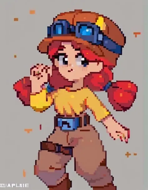 score_9, score_8_up, score_7_up, BREAK,   ,<lora:bsjessie:1>bsjessie  ,  1girl    , red hair  , hat  , goggles on headwear,  yellow shirt ,brown pants , belt ,pigtails <lora:pixel:1>pixelart