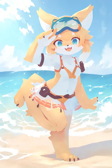 1girl, solo,  <lora:X1-Mia:1> mia, full body, salute, beach, plants, :D, stepping, goggles on head,, (best quality, masterpiece, illustration, ultra-detailed:1.3), (anthro, furry, kemono:1.3)