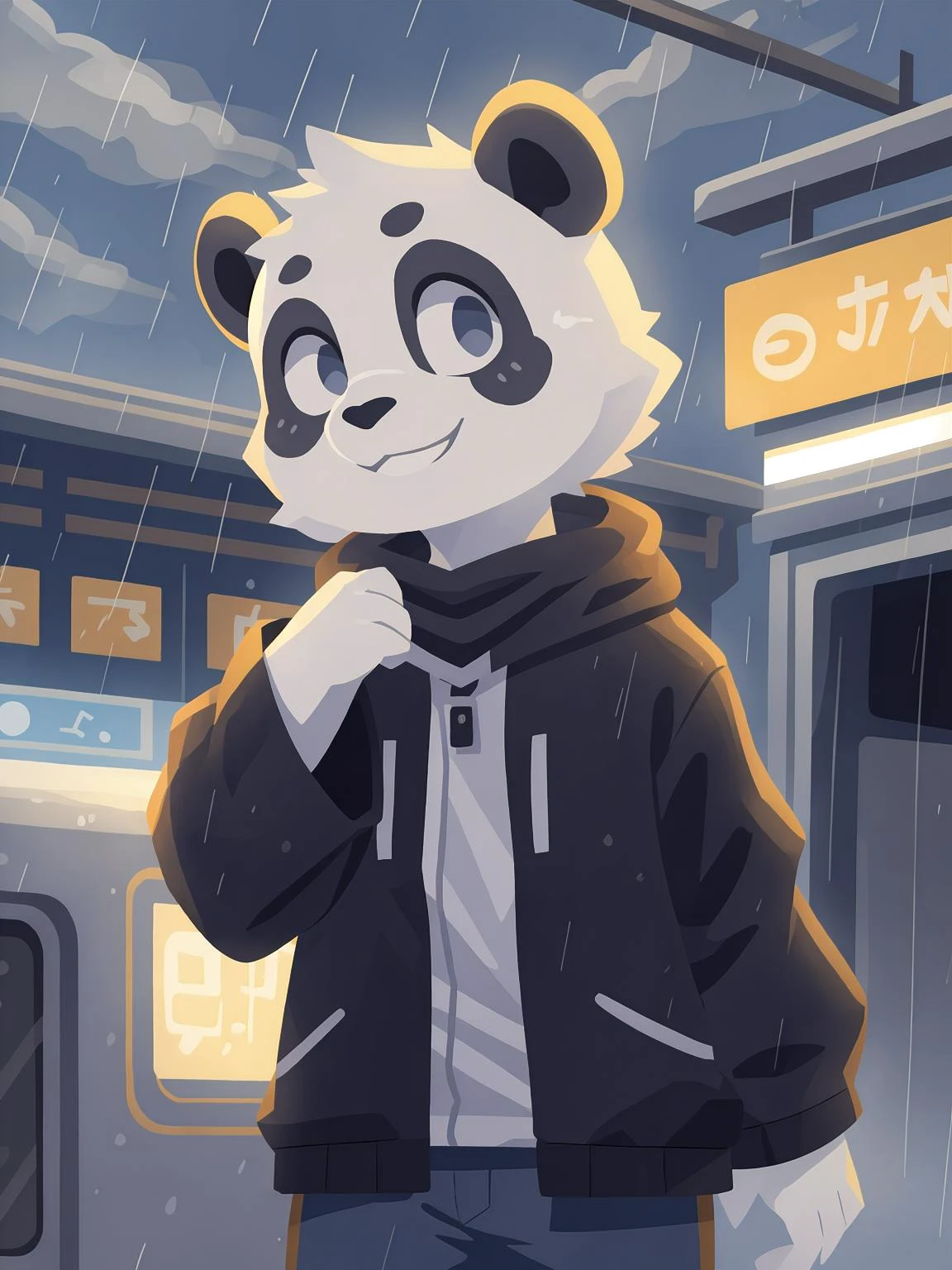 masterpiece, best quality, perfect anatomy, bright eyes, watery eyes, by t.y.stars, by null-ghost, by k0bit0wani, furry, (panda:1.1), (black ears:1.1), (felis:0.3), male, solo, baggy clothing, open smile, gentle, looking at viewer, train station, rain, (waterdrop:0.9), grey sky, raining, (fog:0.4), detailed background