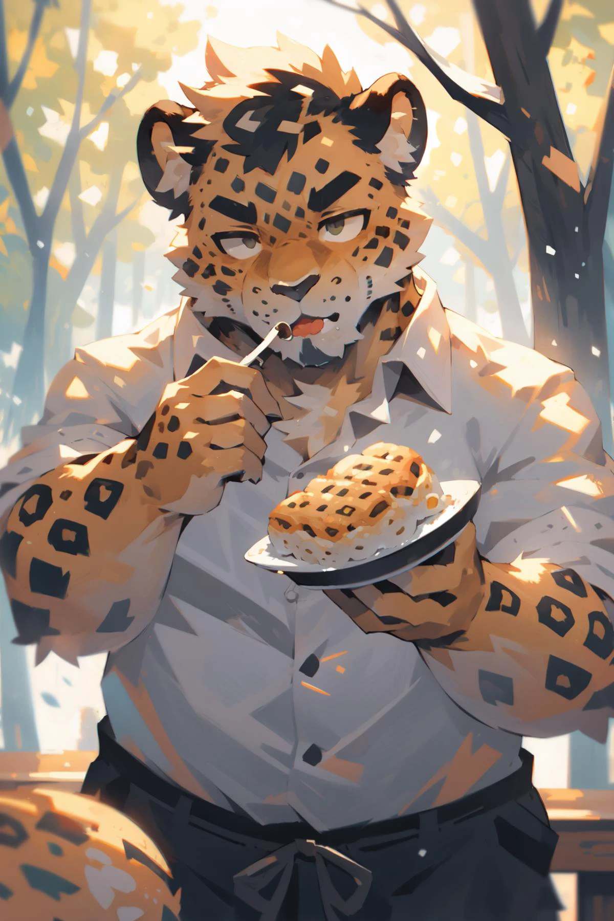 <lora:amurleopard:1.2> best quality, anthro, kemono, (amur leopard, leopard:1.2), (impressionism:1.3), middle-aged man, mohawk, (dress shirt:1.2), sleeves rolled up, plump, fat, plate, melon bread, eating, glass table, forest, snow, eyebrows, goatee, bright-yellow fur, (grey eyes, green eyes, blue eyes:0.6), detailed texture, highly detailed, masterpiece
