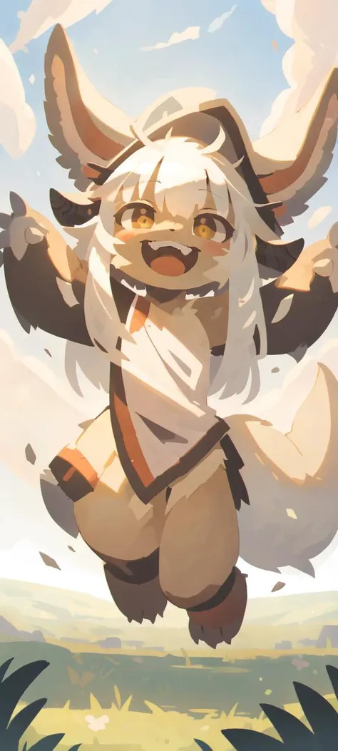 masterpiece, best quality, landscape, 1girl, 
nanachi, narehate, white hair, horned helmet, headdress, bottomless, smile, open mouth, fang, looking at viewer, furry, 
<lora:char-nanachi-fr-v2:1>