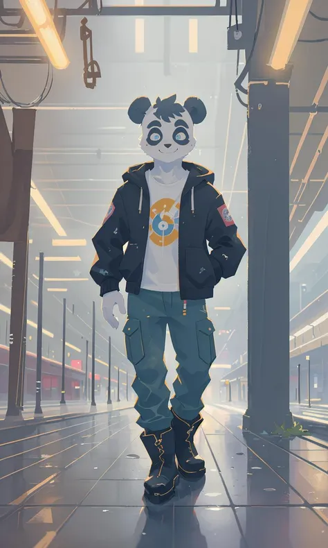masterpiece, best quality, anthro, humanoid, giant panda, furry male, jacket, t-shirt, pants, boots, gentle smile, looking at viewer, bright and watery eyes, train station, (rain:0.5), grey sky, (fog:0.4), wet floor, outdoors