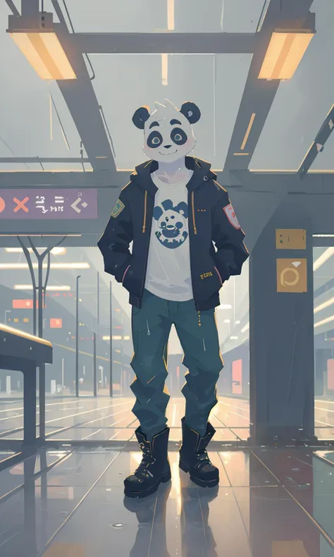 masterpiece, best quality, anthro, humanoid, giant panda, furry male, jacket, t-shirt, pants, boots, gentle smile, looking at viewer, bright and watery eyes, train station, (rain:0.5), grey sky, (fog:0.4), wet floor, outdoors