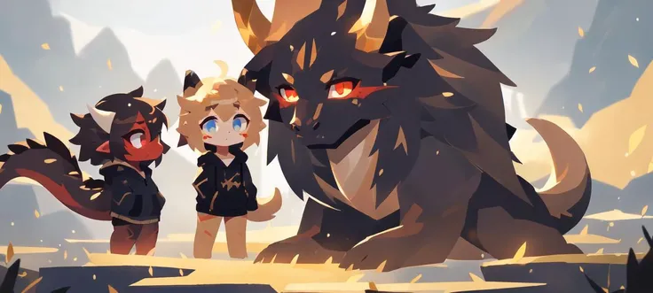 masterpiece, best quality, landscape, 2others,
(red and black dragon horns, black tail, dark gold hair, short hair, gold eyes), (gold and white dragon horns, white tail, blonde hair, long hair, blue eyes),
chibi, pointy ears, flat chest, slit pupils, ahoge, light skin, hoodie, bottomless, looking at another,