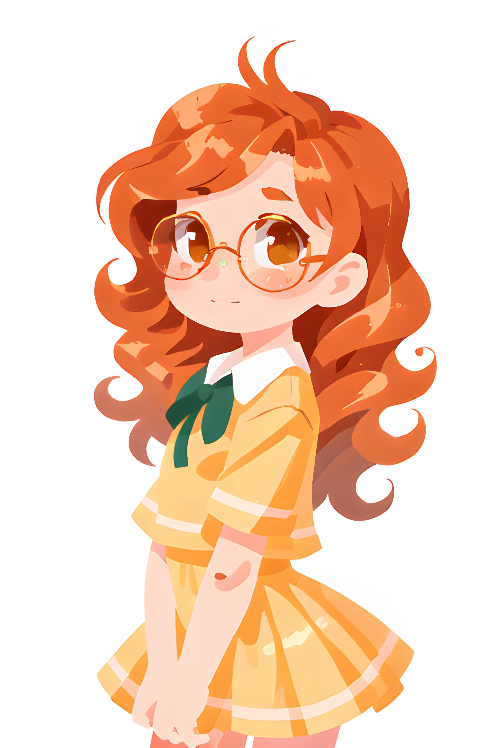 Abby Jones(cute, young, Lithuanian woman, petite, gold-hazel eyes, small bust, glasses, long curly burnt orange hair) short dress, cute blouse