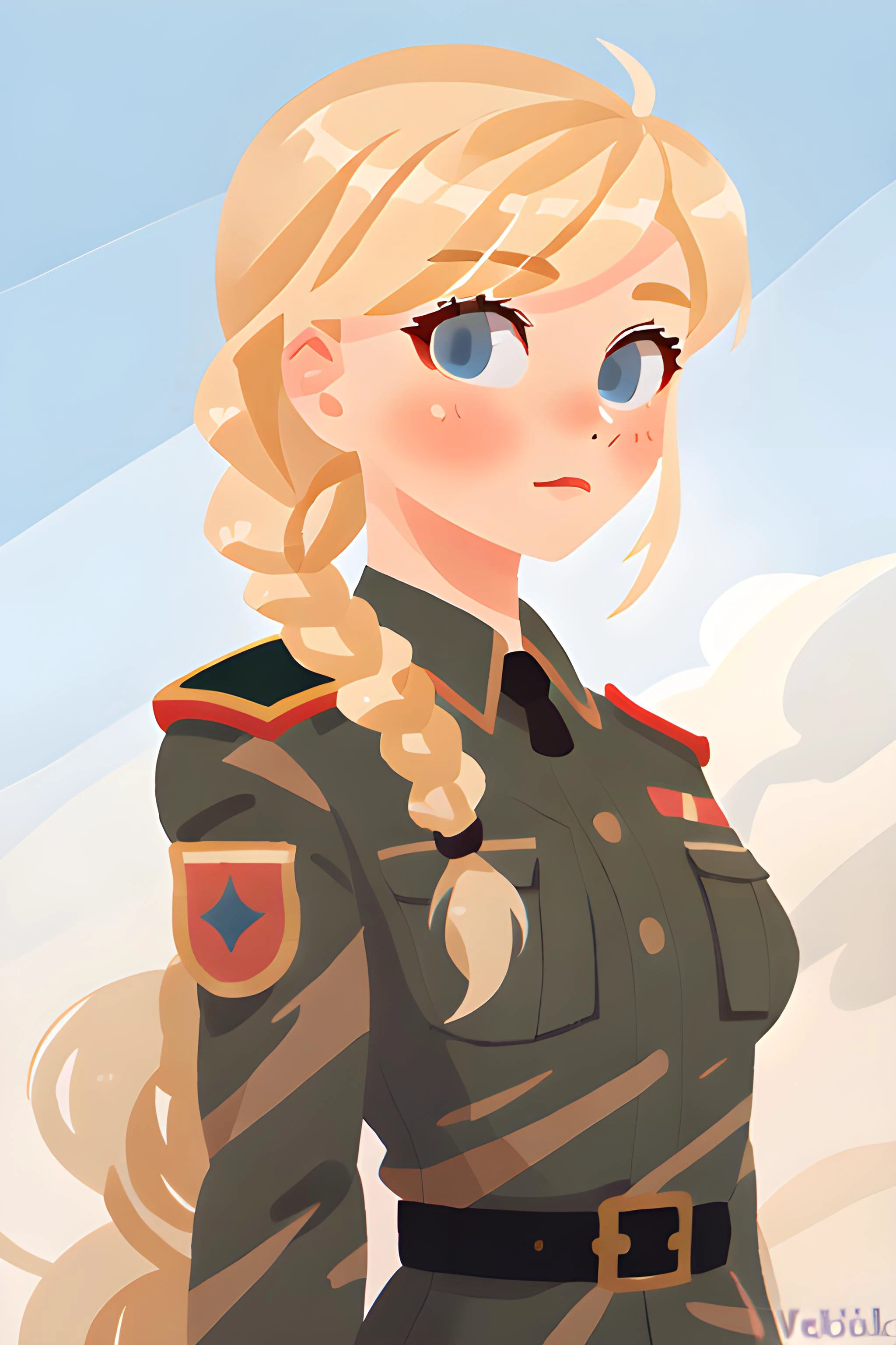 Heidi Velochek (female, , long braided blonde hair, blue eyes, Russian, small bust) formal military dress