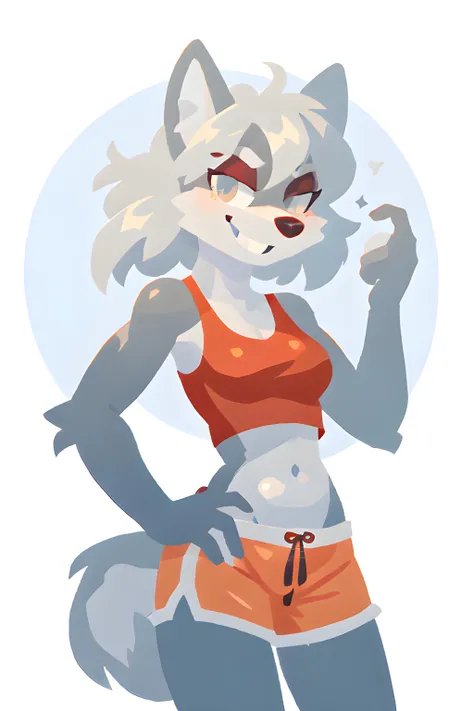 Tracy (Tall, silver and white furred, anthro wolf female, slim, fit) wearing a tight blue tanktop, red shorts, a mischievous smile.