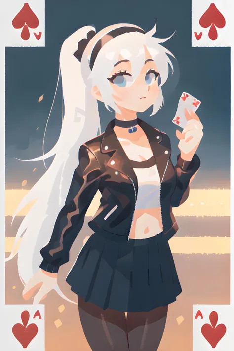 Elaine (25 year old German female, very long ponytail white hair, blue eyes), wearing (white serafuku, opened black leather jacket, black pleated skirt, black choker, black halo, black pantyhose, hairband) playing cards