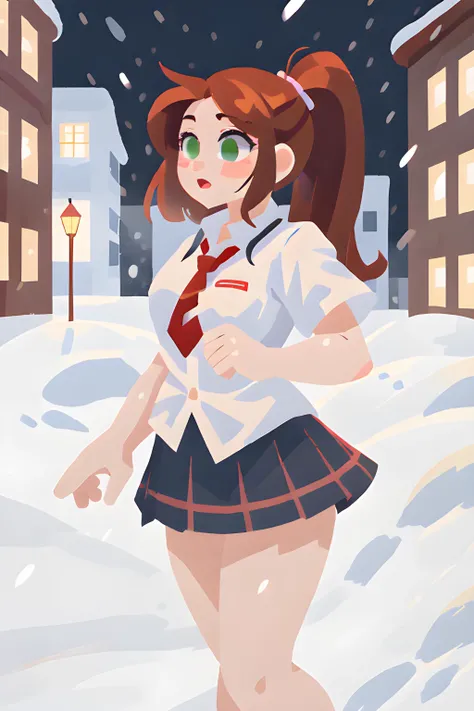 Suzy Cogsworth(long flowing red hair in a long ponytail, green eyes) wearing a school uniform(red plaid mini skirt, white button up short sleeves shirt) outside in a strong snow storm, cold and freezing
