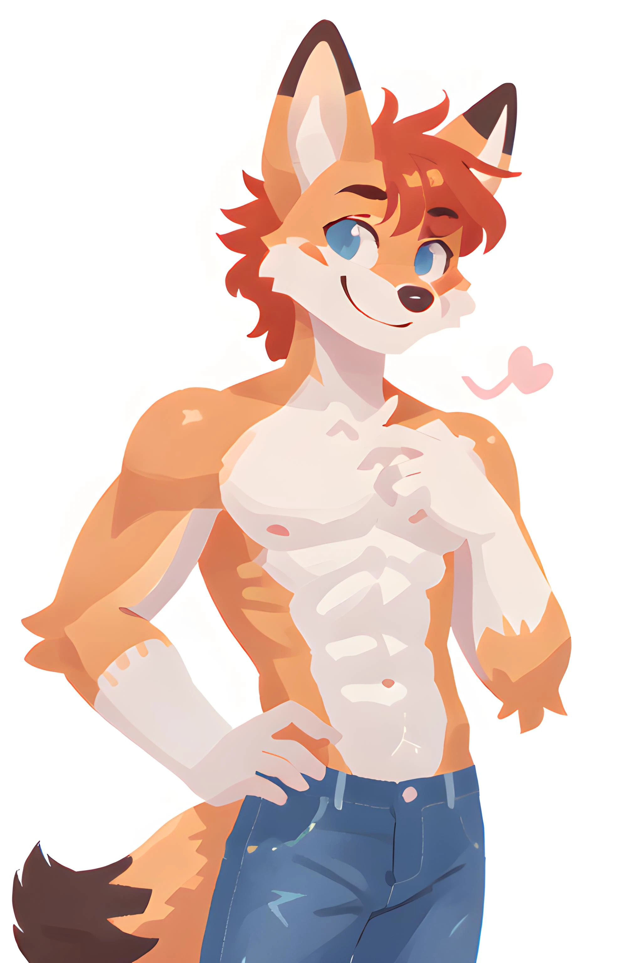 Spencer (A red furred, anthro fox male, slim, fit) wearing blue jeans, charming smile