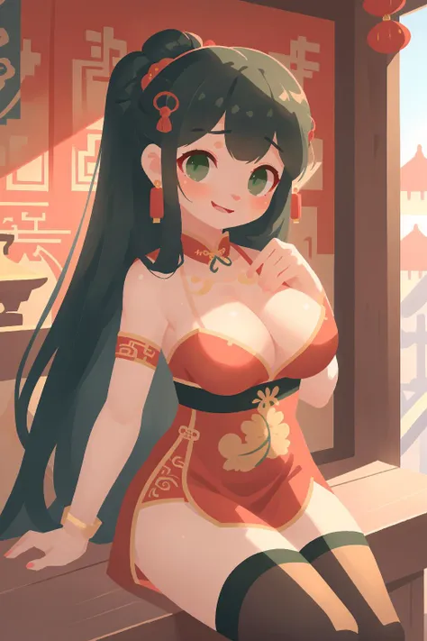 masterpiece, ultra-detailed, stunning art, illustration, 8k cg wallpaper, 1girl, Chinese girl, solo, perfect anatomy, cute face, smiling, blushing, sparkling eyes, deep green eyes, beautiful detailed eyes, black hair, long hair, two hair buns, cute hair accessories, cute earrings, cute necklace, slim body, large breasts, sexy qipao, cleavage, cute body accessories, perfect arms, perfect hands, perfect fingers, cute arm accessories, cute hand accessories, perfect legs, cute thigh-high stockings, cute, pretty, beautiful, sexy, perfect body, (background: Chinese temple, Chinese artifacts, Chinese scrolls on wall, intricately detailed items in background)