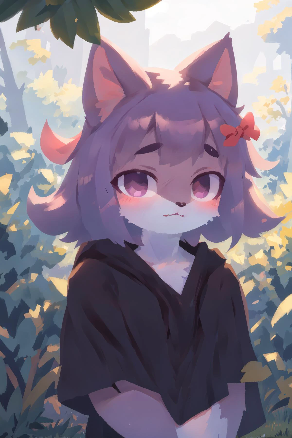 1girl, solo, outside, (in the bushes:1.1), anthro cat girl, looking at viewer, (best quality, masterpiece, illustration, ultra-detailed:1.3), (anthro, furry, kemono:1.3)
masunya, cat ears, (purple skin color:1.1), (hair bow:1.1), highly detailed, <lora:Masunya_masyunya_civit_V2:1>