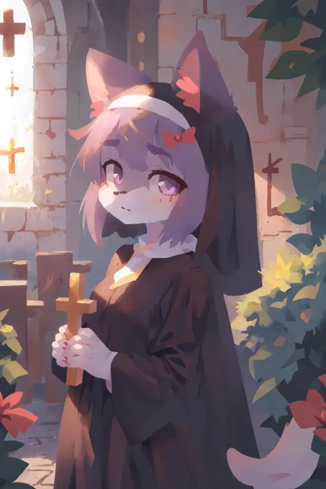 1girl, solo, outside, (in the bushes:1.1), anthro cat girl, looking at viewer, (best quality, masterpiece, illustration, ultra-detailed:1.3), (anthro, furry, kemono:1.3)
masunya, cat ears, (purple skin color:1.1), (hair bow:1.1), highly detailed, <lora:Masunya_masyunya_civit_V2:1>
(in the CHURCH:1.3), holding CROSS, nun dress,
