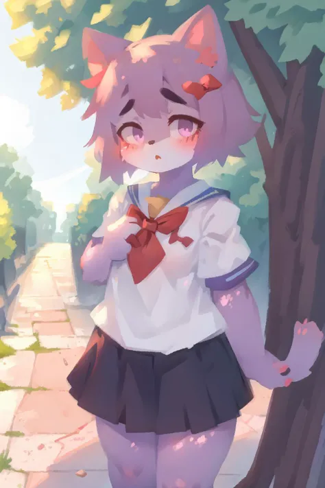 1girl, solo, outside, (in the bushes:1.1), anthro cat girl, looking at viewer, (best quality, masterpiece, illustration, ultra-detailed:1.3), (anthro, furry, kemono:1.3),
masunya, cat ears, (purple skin color:1.1), (hair bow:1.1), highly detailed, <lora:Masunya_masyunya_civit_V2:1>
(japan background:1.2), embarassed, blush, frills, kemonomimi, sailor collar, school uniform, <lora:my_LoRA_rakka_v2:0.3>
,kelvin hiu, <lora:KelvinHiu_civit:1>