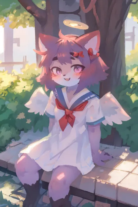1girl, solo, outside, (in the bushes:1.1), anthro cat girl, looking at viewer, (best quality, masterpiece, illustration, ultra-detailed:1.3), (anthro, furry, kemono:1.3),
masunya, cat ears, (purple skin color:1.1), (hair bow:1.1), highly detailed, <lora:Masunya_masyunya_civit_V2:1>
(japan background:1.2), embarassed, blush, frills, kemonomimi, (happy:1.2), angel wings, halo, sailor collar, school uniform, <lora:my_LoRA_rakka_v2:0.6>
,kelvin hiu, <lora:KelvinHiu_civit:1>
