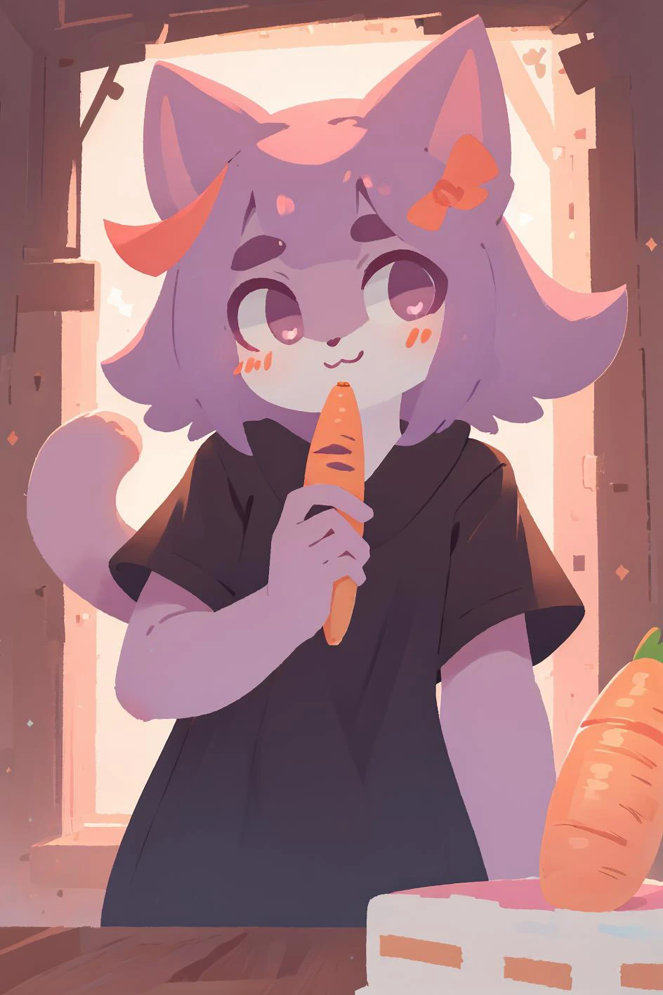 masterpiece, highest quality, cowboy shot, best quality, 1girl, solo, looking at viewer, (in the cake:1.3),
masunya, cat ears, (purple skin color:1.1), (hair bow:1.1), highly detailed, <lora:Masunya_masyunya_civit_V2:1> (holding carrot:1.1),
wamudraws, <lora:my_wamudraws_v1:0.2>