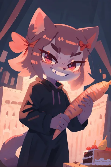 masterpiece, highest quality, cowboy shot, best quality, 1girl, solo, looking at viewer, (in the cake:1.3),
masunya, cat ears, (purple skin color:1.1), (hair bow:1.1), highly detailed, <lora:Masunya_masyunya_civit_V2:1> (holding carrot:1.1),
wamudraws, <lora:my_wamudraws_v1:0.2>
lozhkin, (evil grin:1.2), accurate teeth with gaps <lora:lozhkin_V1:0.3>
, fiz-rot <lora:fiz-rot_civit_train:1>