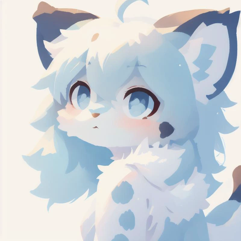 cute,(snow leopard),male,bust,light white fur,(white background), high-quality portrait, Furry, cat, uncropped, light blue ears,,uncropped,(masterpiece:1.2), best quality,<lora:lora_Fursuit_ChilloutMix:0.8>,big eyes, brilliant colors, 32k uhd, color manga,ahoge,(anthro, furry, kemono:1.3),Looking Back Over Shoulder