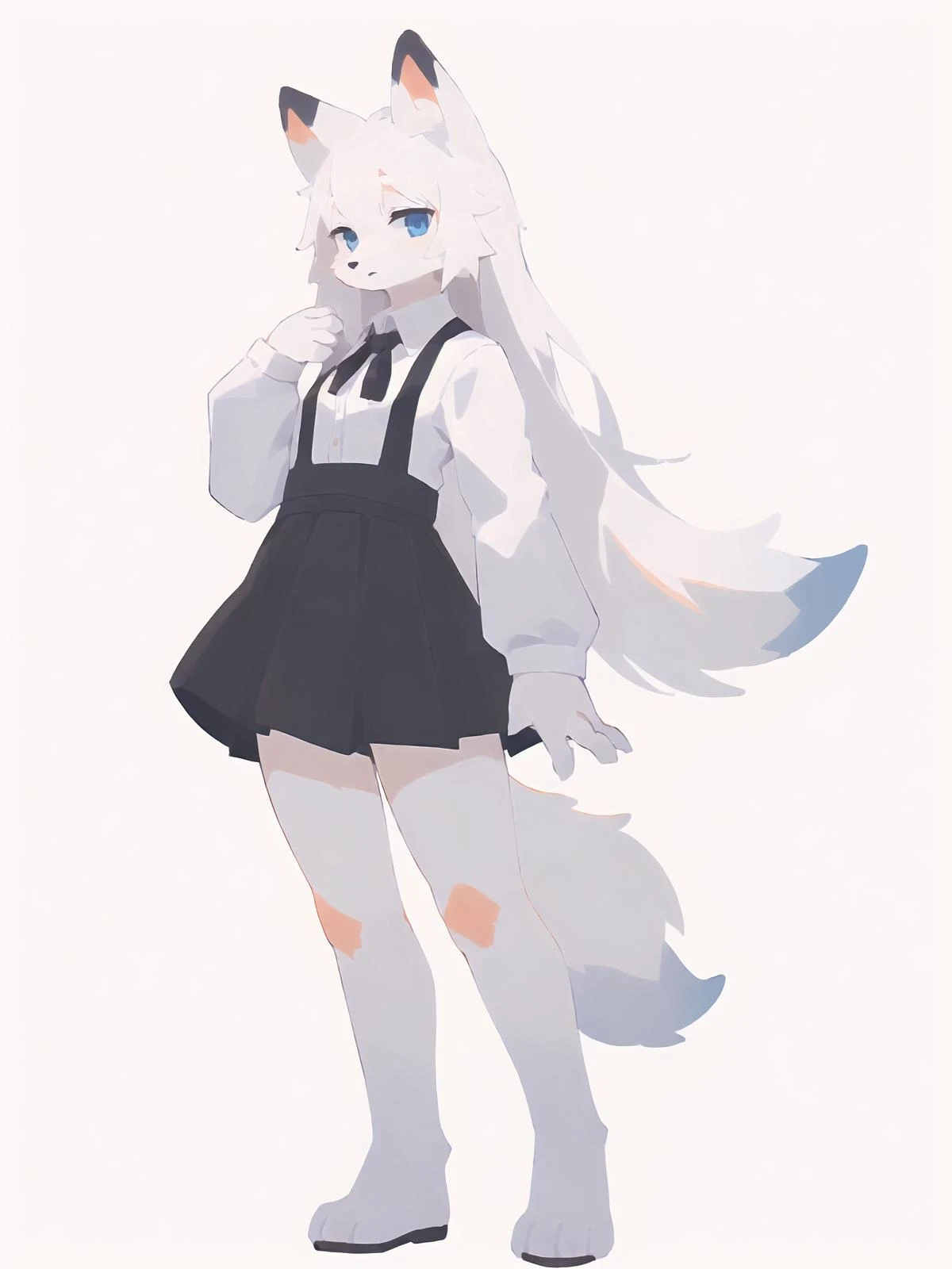 (best quality, masterpiece, illustration, ultra-detailed:1.3), (uploaded on e621, furry, anthro, kemono:1.3),, (white background:1.5), (full body, standing), 1girl, solo, fox girl, long hair, white hair, (suspender skirt, black skirt, white shirt, long sleeves), looking at viewer, loafers, blue eyes