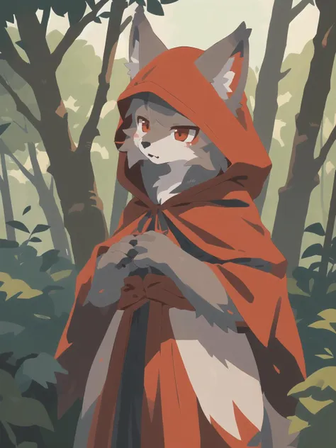 1girl, grey wolf girl, red riding hood, red hood, forest, child, bushes, cowboy shot, (best quality, masterpiece, illustration, ultra-detailed:1.3), (uploaded on e621, furry, anthro, kemono:1.3),