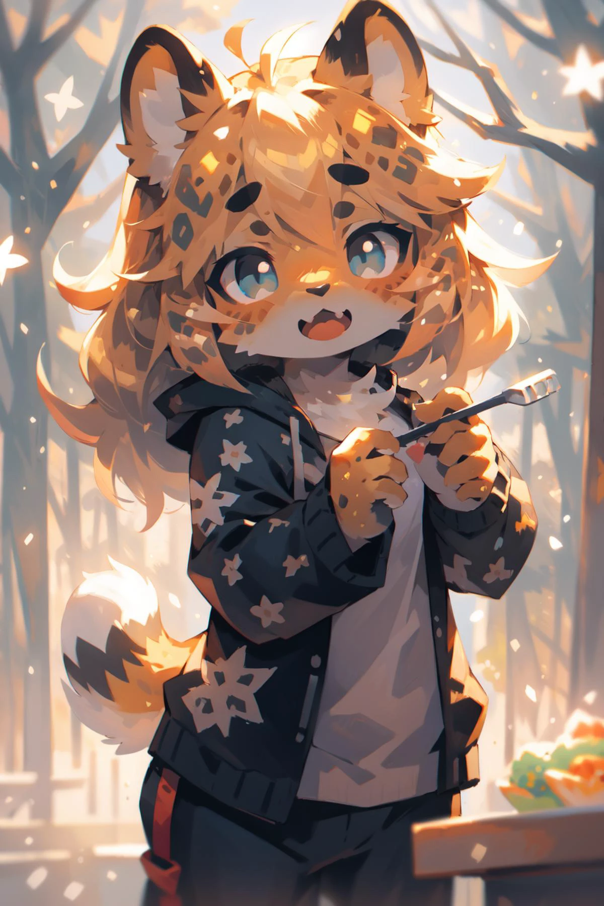 <lora:amurleopard:1.2> best quality, anthro, furry, kemono, 1girl, (leopard, amur leopard:1.2), ahoge, (impressionism, sunlight, snowflakes:1.2), fairy light decorations, coiled cord, tree, spoon, fork, omurice, plate, glass table, open track jacket, track pants, open mouth, blush, thick eyebrows, bright-yellow fur, BREAK (grey eyes, green eyes, blue eyes:0.7), highly detailed, masterpiece <lora:head_slider_v2:-1>