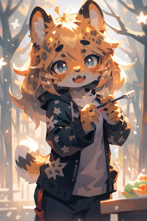 <lora:amurleopard:1.2> best quality, anthro, furry, kemono, 1girl, (leopard, amur leopard:1.2), ahoge, (impressionism, sunlight, snowflakes:1.2), fairy light decorations, coiled cord, tree, spoon, fork, omurice, plate, glass table, open track jacket, track pants, open mouth, blush, thick eyebrows, bright-yellow fur, BREAK (grey eyes, green eyes, blue eyes:0.7), highly detailed, masterpiece <lora:head_slider_v2:-1>