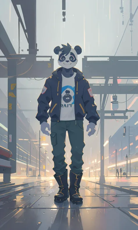 masterpiece, best quality, anthro, humanoid, giant panda, furry male, jacket, t-shirt, pants, boots, gentle smile, looking at viewer, bright and watery eyes, train station, (rain:0.5), grey sky, (fog:0.4), wet floor, outdoors