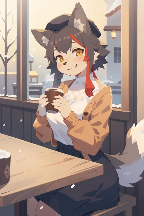 wide shot, solo, (best quality, highres, detailed), (kemono, gray wolf, gray fur), holding hot coffee, smile,,
miocasual, short hair, side braid, brown cardigan, open cardigan, white shirt, high-waist black skirt, beret, wolf tail,
cafe, winter, snowing,, <lora:holo-ae-test-r3:1.0>