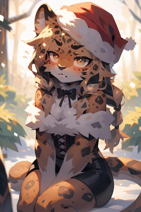 <lora:amurleopard:1.2> best quality, anthro, furry, kemono, 2girls, (leopard, amur leopard:1.2), braid, (impressionism, sunlight, snow:1.2), fairy light decorations, coiled cord, optical fiber, sitting, leaning on person, corset, santa hat, pantyhose, frown, blush, thick eyebrows, bright-yellow fur, BREAK (grey eyes, green eyes, blue eyes:0.6), highly detailed, masterpiece