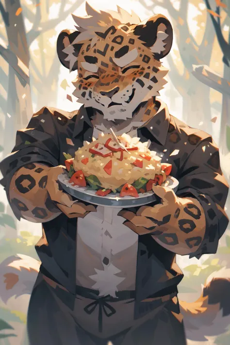 <lora:amurleopard:1.2> best quality, anthro, kemono, furry, (amur leopard, leopard:1.3), (impressionism:1.3), middle-aged man, old, mohawk, (open dress shirt:1.2), sleeves rolled up, plump, fat, plate, fork, omurice, cauliflower, ketchup, eating, smile, closed eyes, glass table, forest, snow, eyebrows, goatee, (grey eyes, green eyes, blue eyes:0.65), detailed texture, highly detailed, masterpiece