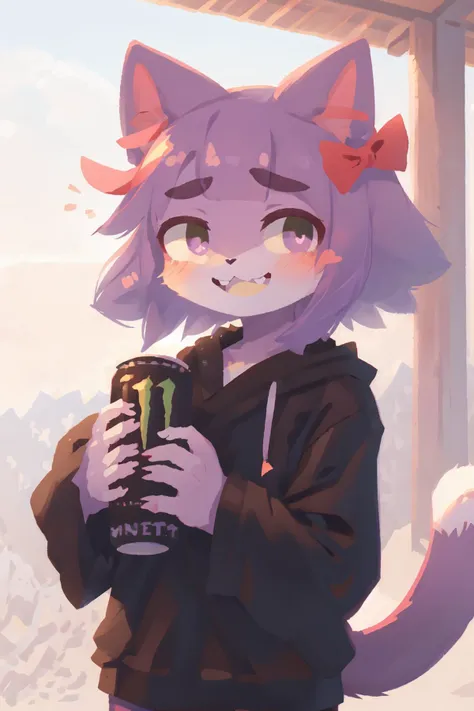 masterpiece, highest quality, cowboy shot, best quality, 1girl, solo, looking at viewer, japan background,
masunya, cat ears, (purple skin color:1.1), (hair bow:1.1), highly detailed, <lora:Masunya_masyunya_civit_V2:1>
monster energy, holding monster energy, <lora:MonsterEnergy_civit:1>
short hair, embarassed, frills, kemonomimi,
lozhkin, accurate teeth with gaps, smiling, <lora:lozhkin_V1:0.14>