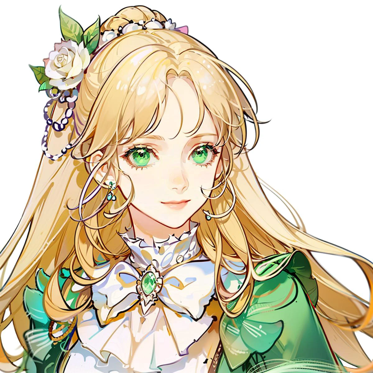 masterpiece, best quality, ultra-detailed,best shadow,white background,adl1,1girl,solo,portrait,looking at viewer,solo,smile,long hair, green dress,white gloves, long sleeves, hair flower, earrings, jewelry, bow, frills, corset,outdoors,garden,sunlight <lyco:GoodHands-beta2:1> <lora:audrey1-000022:1>