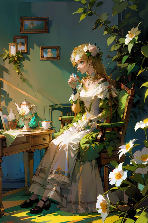 masterpiece, best quality, ultra-detailed,best shadow,adl,1girl,solo,sitting on chair,holding teacup,((drinking)),desk,profile,smile,long hair,blonde hair,hair flower, flower,white dress,green frills,white gloves,necklace, looking at viewer,garden,sunlight, <lora:look1:0.75> <lora:peanuts128dim2-epoch-000008:0.7>