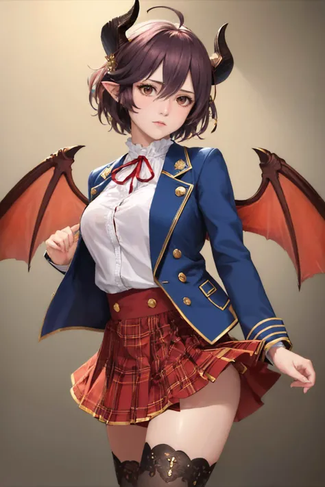 (masterpiece, best quality:1.2), cowboy shot, solo, 1girl, greadef, expressionless, looking at viewer, ahoge, jacket, white shirt, red skirt, plaid skirt, black thighhighs, wings, tail <lora:gbf_grea:1.0>