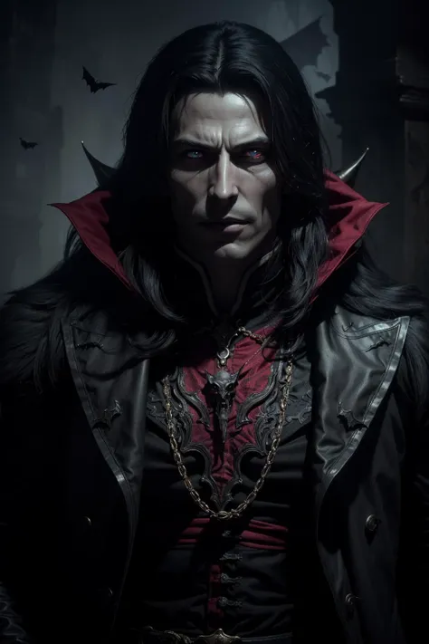 (masterpiece, best quality, highres, high resolution:1.2, cowboy shot, castlevania \(netflix\)), extremely detailed, realistic, intricate details, (1boy, male:1.4), virile, vampire:1.5, ((evil grin)), very long canines, vampiric fangs, sharp teeth, (extremely pale skinned male), (glowing red eyes), solo, looking at viewer,  <lora:strahd_v10:0.8>, Strahd von Zarovich, (black) long hair, bat \(animal\), white mist, dark atmosphere, horror, fear, (cinematic lighting, bloom, volumetric), (realistic skin texture), extremely detailed, intricate, hyper detailed, illustration, high resolution, sharp detail, <lora:castlevania_style_offset:0.4>