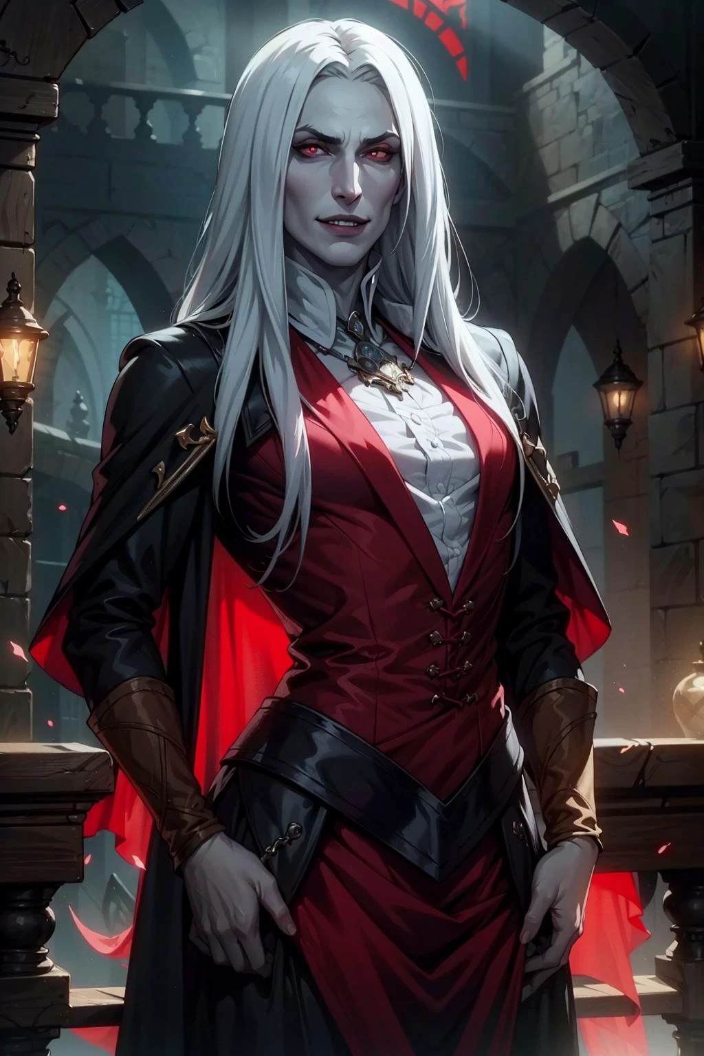 (masterpiece, best quality, highres, high resolution:1.2, cowboy shot, castlevania \(netflix\)), extremely detailed, realistic, intricate details, 1boy, vampire:1.5, evil smile, canines, fangs, sharp teeth, (extremely pale white skin), (red eyes), solo, looking at viewer, <lora:strahd_v10:0.8>, Strahd von Zarovich, long hair, (cinematic lighting, bloom, volumetric), <lora:castlevania_style_offset:0.4>
