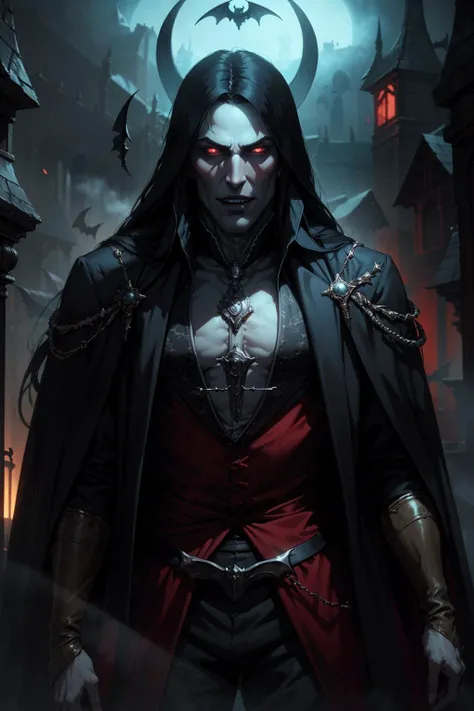 (masterpiece, best quality, highres, high resolution:1.2, cowboy shot, castlevania \(netflix\)), extremely detailed, realistic, intricate details, (1boy, male:1.4), virile, vampire:1.5, ((evil grin)), very long canines, vampiric fangs, sharp teeth, (extremely pale skinned male), (glowing red eyes), solo, looking at viewer, <lora:strahd_v10:0.8>, Strahd von Zarovich, (black) long hair, bat \(animal\), white mist, dark atmosphere, horror, fear, (cinematic lighting, bloom, volumetric), <lora:castlevania_style_offset:0.4>