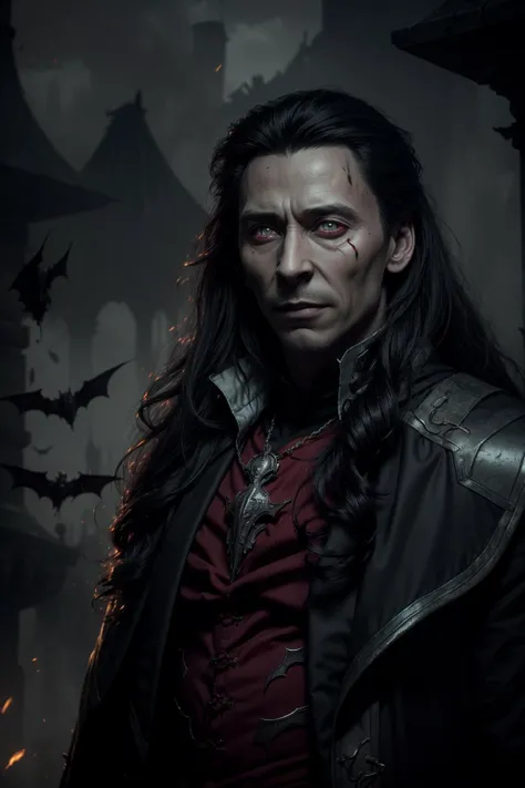 (masterpiece, best quality, highres, high resolution:1.2, cowboy shot, castlevania \(netflix\)), extremely detailed, realistic, intricate details, (1boy, male:1.4, ((actor Tom Hiddlestone))), masculine, vampire:1.5, ((evil grin)), very long canines, vampiric fangs, sharp teeth, (extremely pale skinned male), (glowing red eyes), solo, looking at viewer, <lora:strahd_v10:0.8>, Strahd von Zarovich, (black) long hair, bat \(animal\), white mist, dark atmosphere, horror, fear, (cinematic lighting, bloom, volumetric), (realistic skin texture), extremely detailed, intricate, hyper detailed, illustration, high resolution, sharp detail, <lora:castlevania_style_offset:0.4>