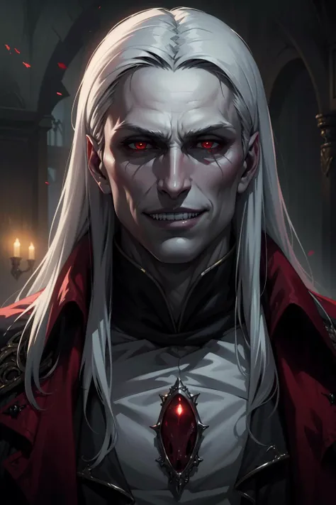 (masterpiece, best quality, highres, high resolution:1.2), extremely detailed, realistic, intricate details, 1boy, vampire:1.5, evil smile, canines, fangs, sharp teeth, (extremely pale white skin), (red eyes), solo, looking at viewer,  <lora:strahd_v10:0.8>, Strahd von Zarovich, long hair, (cinematic lighting, bloom, volumetric), <lora:castlevania_style_offset:0.4>