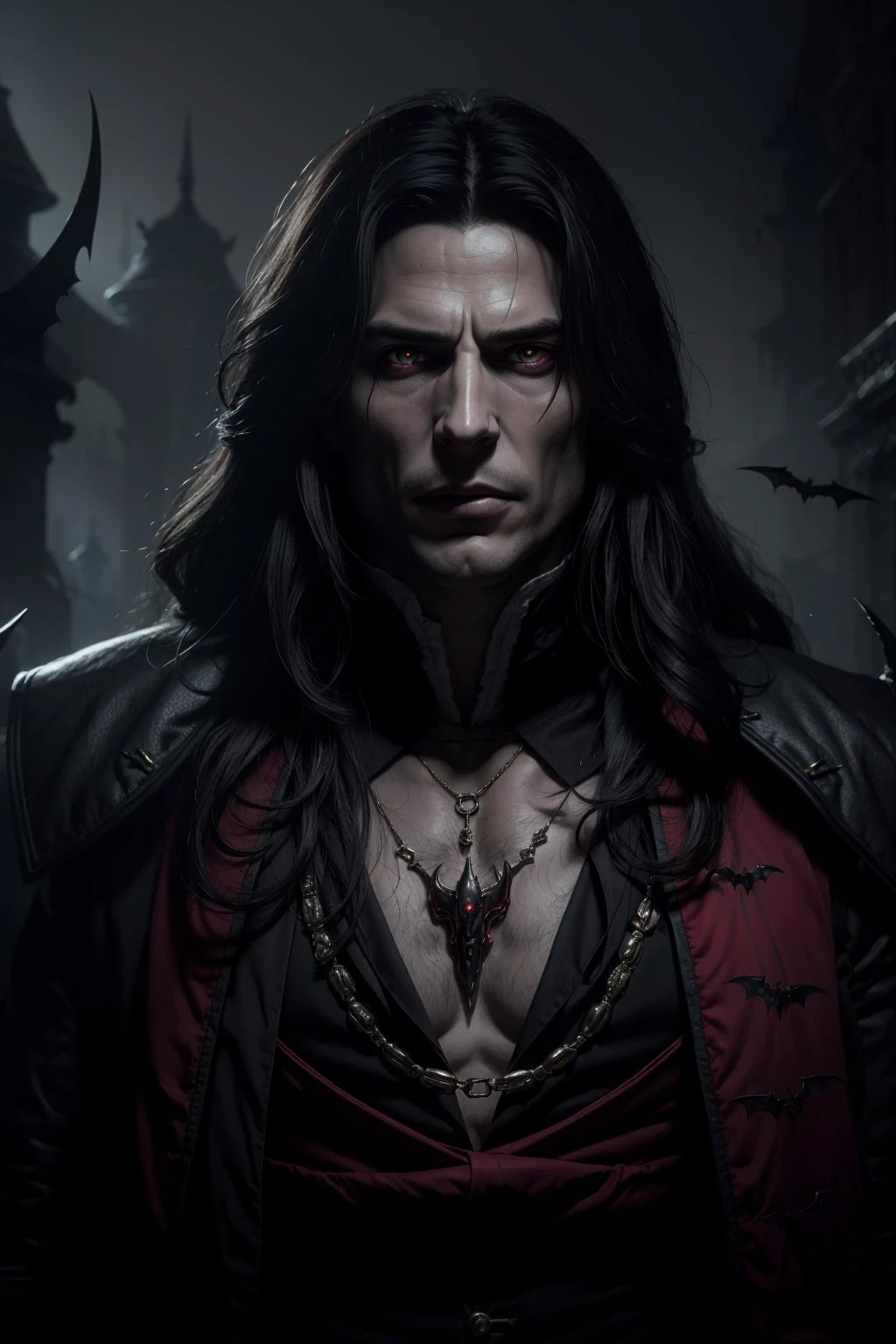 (masterpiece, best quality, highres, high resolution:1.2, cowboy shot, castlevania \(netflix\)), extremely detailed, realistic, intricate details, (1boy, male:1.4, actor Henry Cavill), virile, vampire:1.5, ((evil grin)), very long canines, vampiric fangs, sharp teeth, (extremely pale skinned male), (glowing red eyes), solo, looking at viewer, <lora:strahd_v10:0.8>, Strahd von Zarovich, (black) long hair, bat \(animal\), white mist, dark atmosphere, horror, fear, (cinematic lighting, bloom, volumetric), (realistic skin texture), extremely detailed, intricate, hyper detailed, illustration, high resolution, sharp detail, <lora:castlevania_style_offset:0.4>