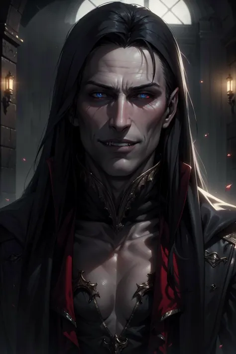 (masterpiece, best quality, highres, high resolution:1.2), extremely detailed, realistic, intricate details, 1boy, vampire:1.5, evil smile, fangs, extremely pale skin, solo, looking at viewer,  <lora:strahd_v10:0.8>, Strahd von Zarovich, vampire, long hair, (cinematic lighting, bloom, volumetric), <lora:castlevania_style_offset:0.4>