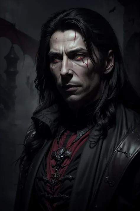 (masterpiece, best quality, highres, high resolution:1.2, cowboy shot, castlevania \(netflix\)), extremely detailed, realistic, intricate details, (1boy, male:1.4, (actor Tom Hiddlestone)), masculine, vampire:1.5, ((evil grin)), very long canines, vampiric fangs, sharp teeth, (extremely pale skinned male), (glowing red eyes), solo, looking at viewer, <lora:strahd_v10:0.8>, Strahd von Zarovich, (black) long hair, bat \(animal\), white mist, dark atmosphere, horror, fear, (cinematic lighting, bloom, volumetric), (realistic skin texture), extremely detailed, intricate, hyper detailed, illustration, high resolution, sharp detail, <lora:castlevania_style_offset:0.4>
