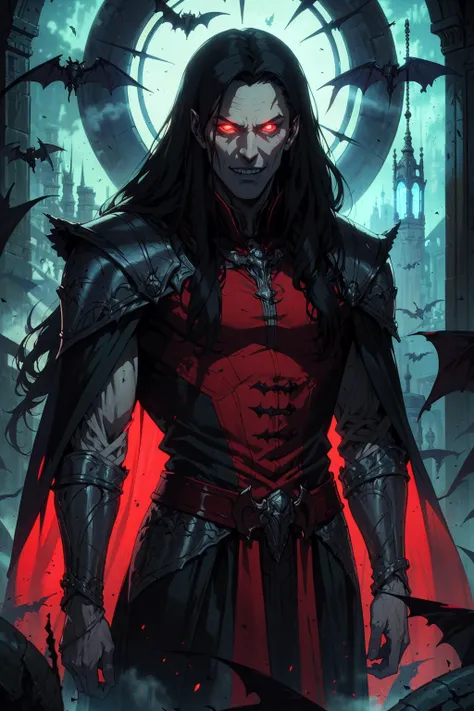 (masterpiece, best quality, highres, high resolution:1.2, cowboy shot, castlevania \(netflix\)), extremely detailed, realistic, intricate details, (1boy, male:1.4, (actor Tom Hiddlestone)), masculine, vampire:1.5, ((evil grin)), very long canines, vampiric fangs, sharp teeth, (extremely pale skinned male), (glowing red eyes), solo, looking at viewer, <lora:strahd_v10:0.8>, Strahd von Zarovich, (black) long hair, bat \(animal\), white mist, dark atmosphere, horror, fear, (cinematic lighting, bloom, volumetric), (realistic skin texture), extremely detailed, intricate, hyper detailed, illustration, high resolution, sharp detail, <lora:castlevania_style_offset:0.4>, <lora:Retro_Anime-000002:0.56>