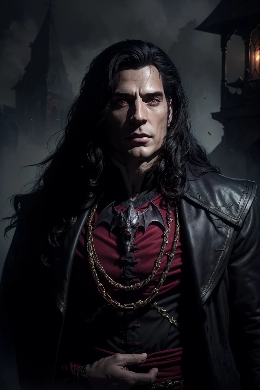 (masterpiece, best quality, highres, high resolution:1.2, cowboy shot, castlevania \(netflix\)), extremely detailed, realistic, intricate details, (1boy, male:1.4, ((actor Henry Cavill))), masculine, vampire:1.5, ((evil grin)), very long canines, vampiric fangs, sharp teeth, (extremely pale skinned male), (glowing red eyes), solo, looking at viewer, <lora:strahd_v10:0.8>, Strahd von Zarovich, (black) long hair, bat \(animal\), white mist, dark atmosphere, horror, fear, (cinematic lighting, bloom, volumetric), (realistic skin texture), extremely detailed, intricate, hyper detailed, illustration, high resolution, sharp detail, <lora:castlevania_style_offset:0.4>