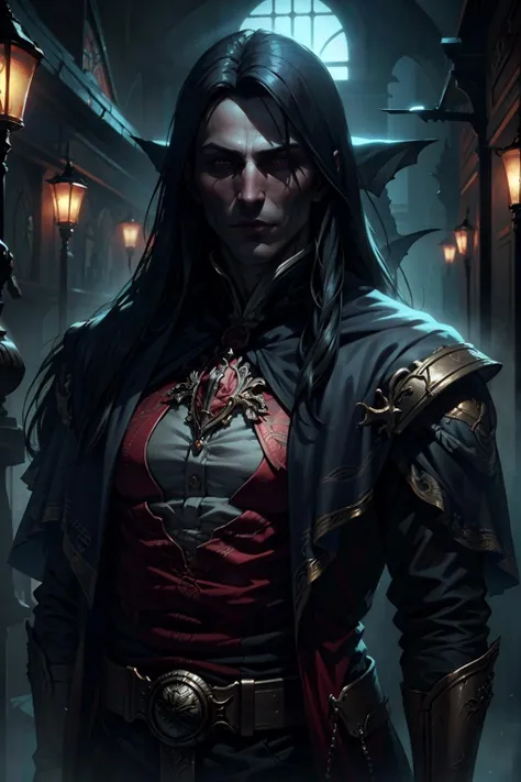 (masterpiece, best quality, highres, high resolution:1.2), extremely detailed, realistic, intricate details, 1boy, solo, looking at viewer,  <lora:strahd_v10:1>, Strahd von Zarovich, vampire, long hair, (cinematic lighting, bloom, volumetric),