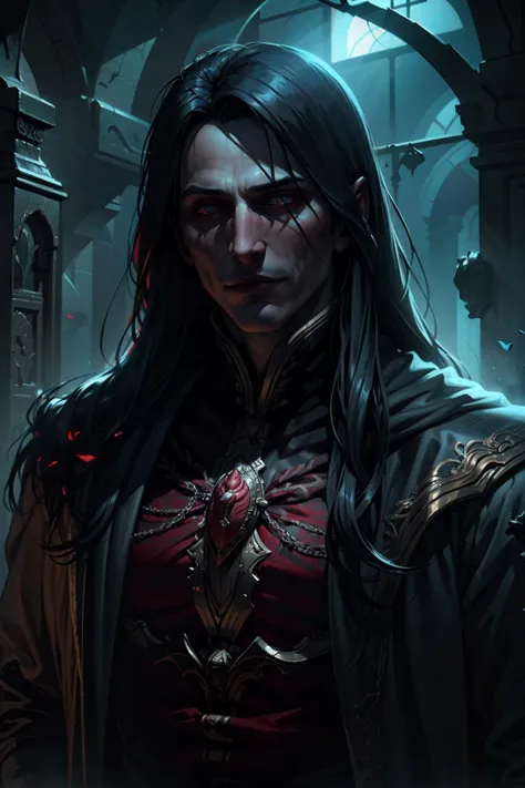 (masterpiece, best quality, highres, high resolution:1.2), extremely detailed, realistic, intricate details, 1boy, solo, looking at viewer, <lora:strahd_v10:1>, Strahd von Zarovich, vampire, long hair, (cinematic lighting, bloom, volumetric),