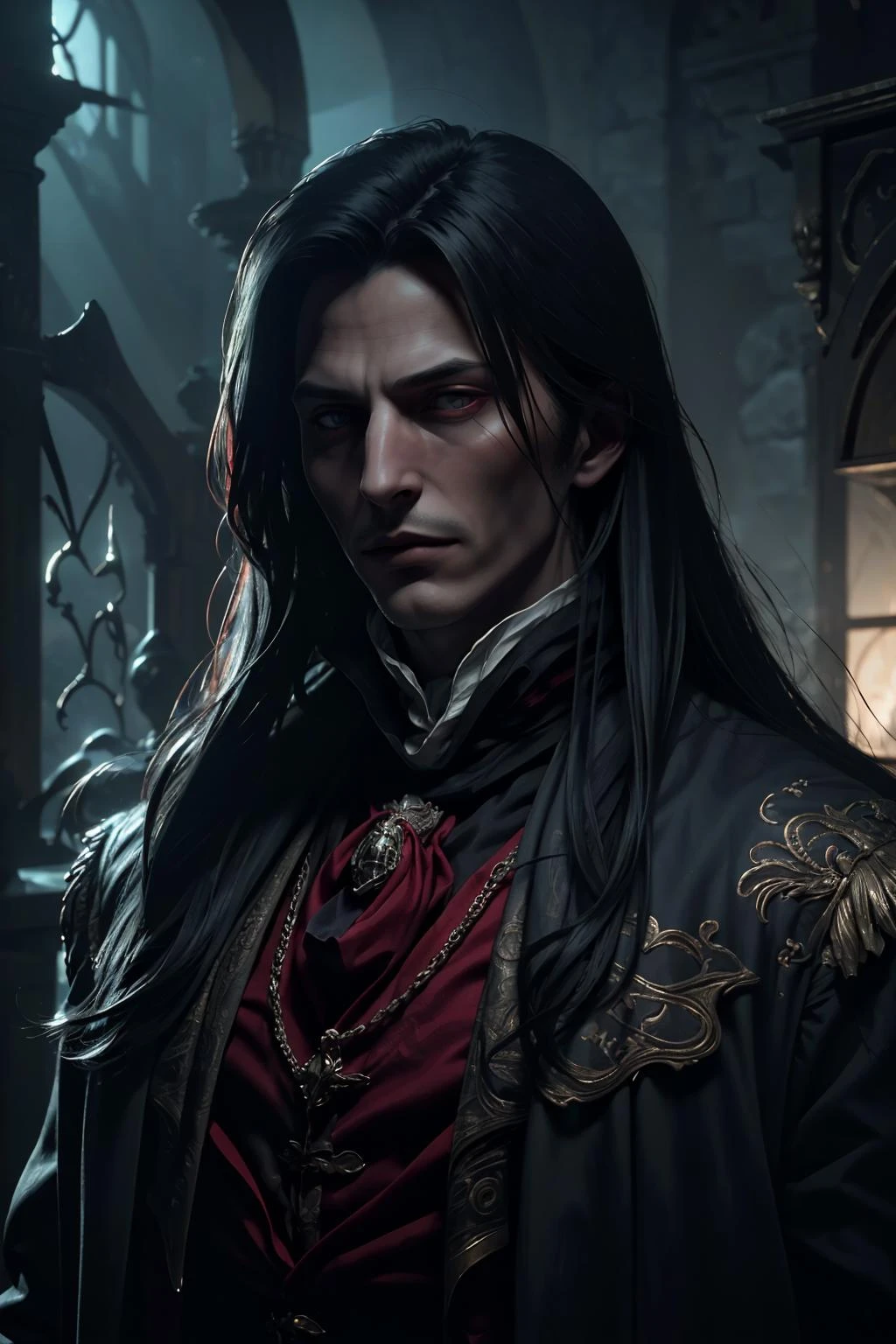 (masterpiece, best quality, highres, high resolution:1.2), extremely detailed, realistic, intricate details, 1boy, solo, looking at viewer, <lora:strahd_v10:1>, Strahd von Zarovich, vampire, long hair, (cinematic lighting, bloom, volumetric),
